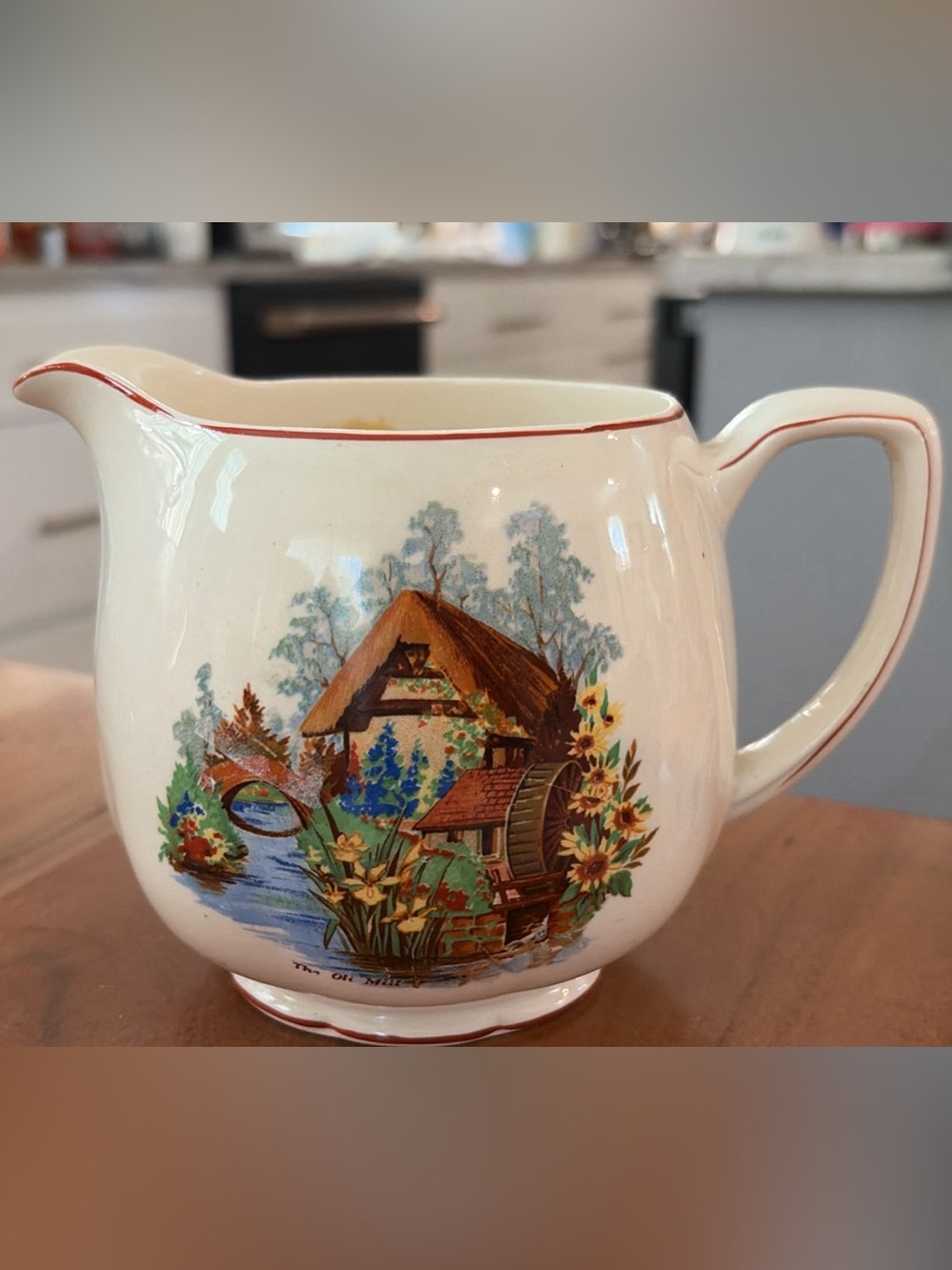 Hall Hailey VintageCream Decorative Ceramic Pitcher with Cottage Watermill Motif